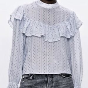 Zara Light Blue Eyelet Ruffle Long-Sleeve Blouse